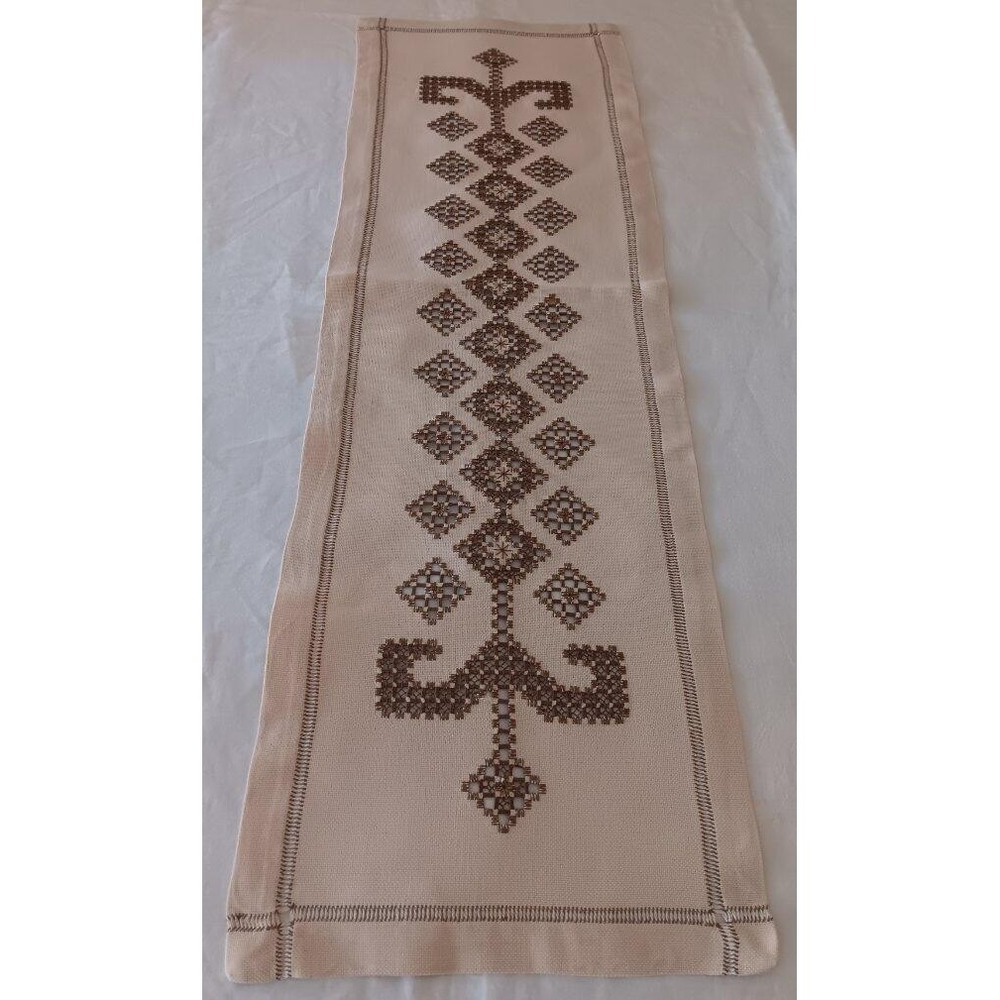 Unused Vintage Hardanger Table Runner Ecru Taupe Embroidery Lace Norway 34"